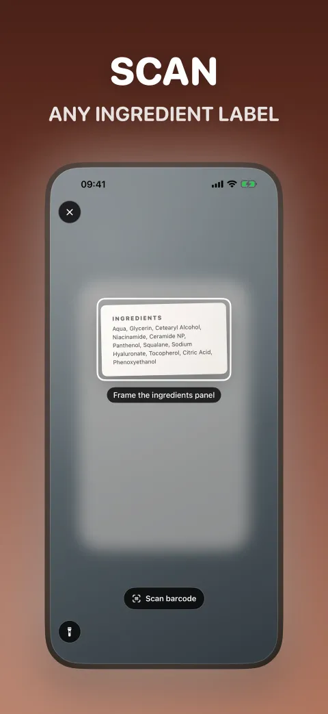 Momclear camera framing an ingredients panel on a skincare product — scan any ingredient label