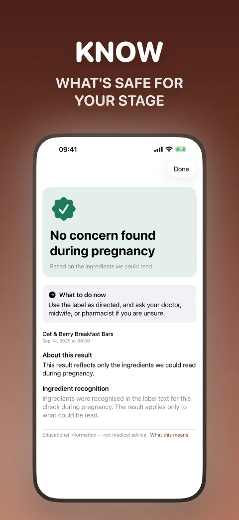 Result screen reading "No concern found during pregnancy" for a breakfast bar